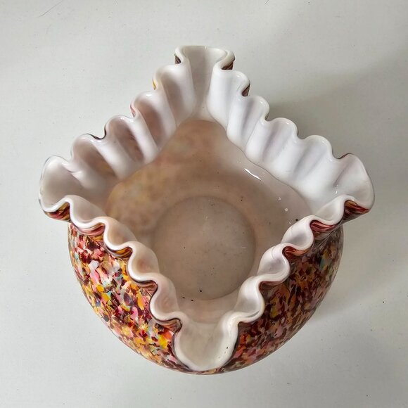 Victorian Franz Welz Spatter Glass Squat Short Crimped Bowl Vase Murrhina 4" - Picture 3 of 10